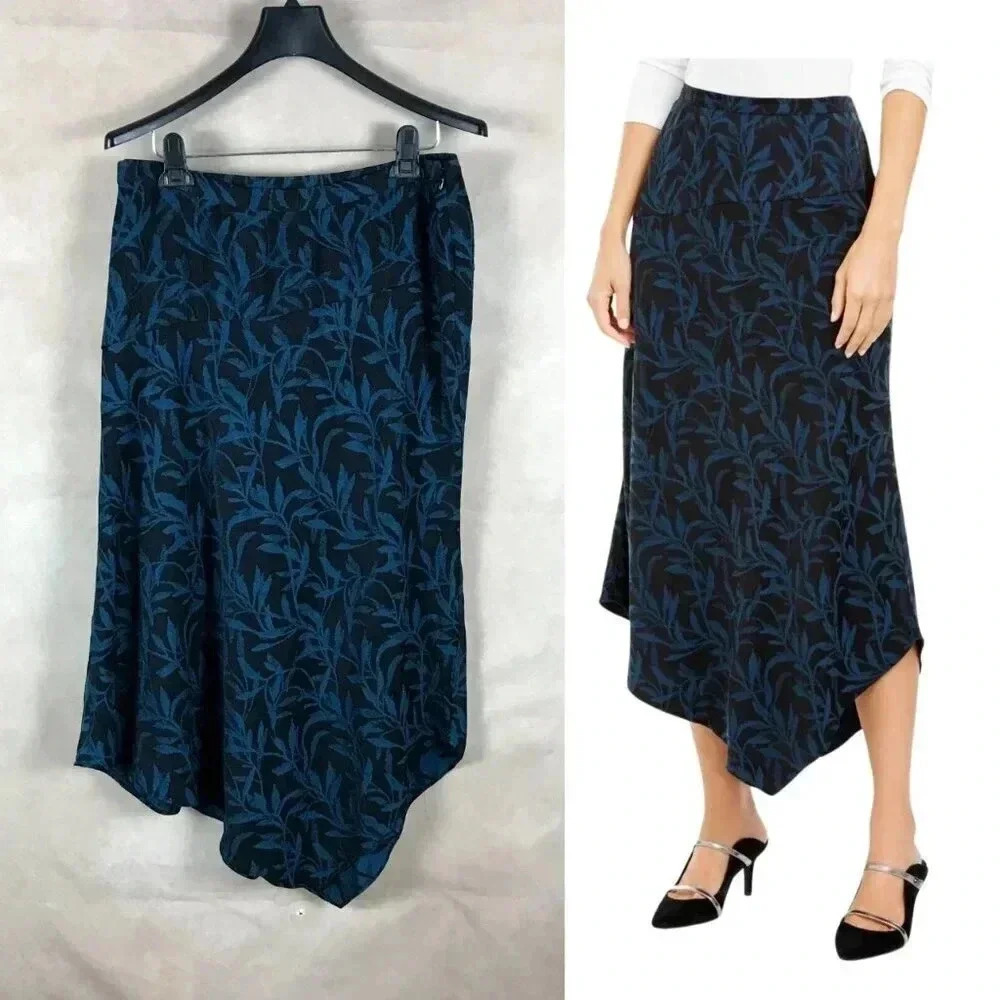 ALFANI Black/Teal Floral Asymmetrical Hem  Midi Skirt NEW 0